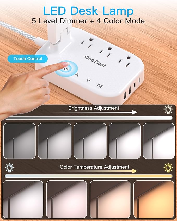 Power Strip with LED Desk Lamp, 10 Ft Extension Cord with 3 Outlets 4 USB Ports(2 USBC), 4 Modes 5 Level Touch Lamp Small Desk Lamps for Home Office College Dorm Room, Study Reading Light - BK