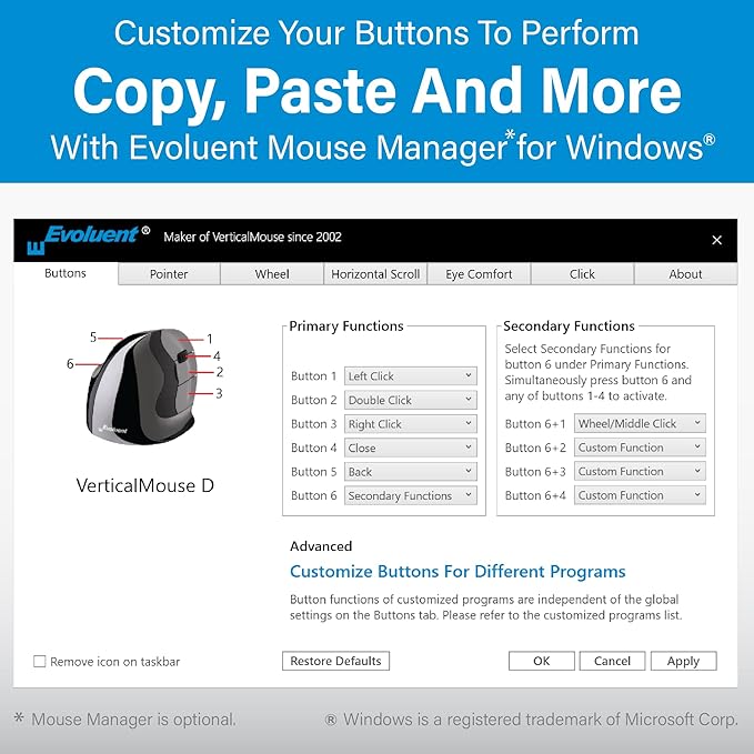 Evoluent – Inventor of The Vertical Mouse – VMDM Ergonomic Vertical Mouse Right Hand Medium Wired USB, Sculpted for Comfort, Reduces Wrist Strain, 4 Speeds, 6 Customizable Buttons in Windows