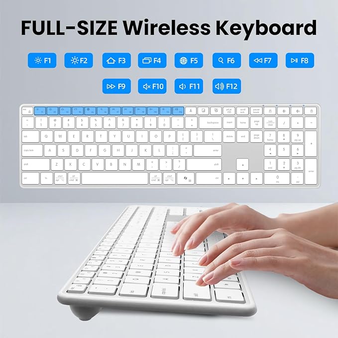 Wireless Bluetooth Keyboard Stainless Steel Multi-Device Full Size Keyboard with Numeric Keypad Low Profile Silent Cordless Keyboards Quiet Typing for Computer/Windows/PC/Laptop(Silver White)