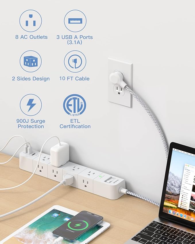 One Beat 15 ft Extension Cord,Power Strip Surge Protector 8 Widely AC Outlets 3 USB,Flat Plug,Desktop Charging Station with Overload Protection,Wall Mount for Home,Office,Travel,Computer ETL Listed