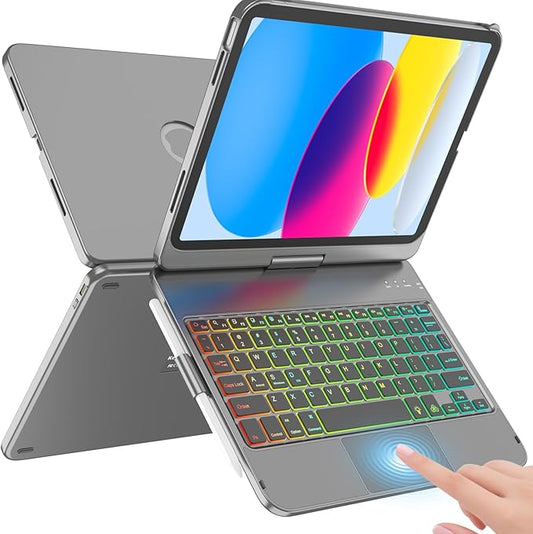 HOTLIFE for iPad A16 11th Generation/10th Generation Case with Keyboard,Touch Keyboard for iPad 11" /10th Gen 10.9 inch 2022-10 Color Backlight, 360° Rotatable Protective Cover (Titanium Gold Grey)