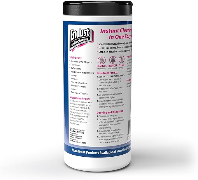 Endust For Electronics; Cleaning Wipes for Screens & Electronics Surfaces; Pre-Moistened, Alcohol & Ammonia Free, 140 Count (Pack of 2)