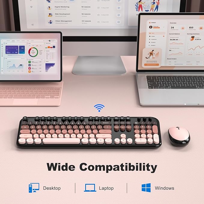Wireless Keyboard Mouse Combo - Lovely BlackBerry-Gradient Rainbow Full-Sized Typewriter Colorful Keyboards, Round Keycap Plug Play Retro Cute Keyboards for Windows, Laptop, PC, Desktop, Computer