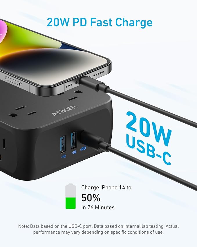 Anker Power Strip with 2000J Surge Protector, Flat Plug Extension Cord with Multiple Outlets, 8 AC, 2 USB A & 1 USB C Port for 20W, 10ft Outlet Extender, Dorm Room Essentials, Home Office, TUV Listed