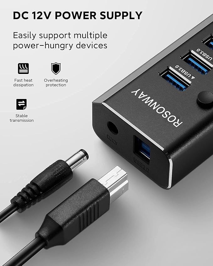 USB Hub 3.0 Powered Rosonway Aluminum 7 Ports USB 3.0 Data Hub Splitter with 24W (12V/2A) Power Adapter and Individual On/Off Switches USB Port Expander for PC and Laptop (RSH-A37S) (Pack of 2)