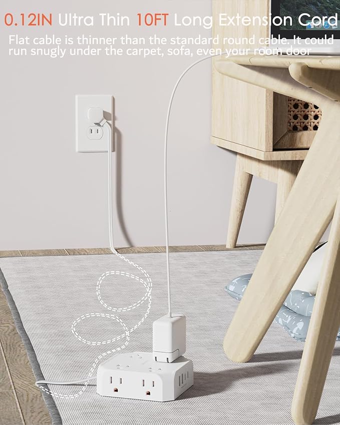 2 Prong Power Strip, WRXDMC 2 Prong to 3 Prong Outlet Adapter, 1400J Two Prong Surge Protector, 10ft Extension Cord, 8 AC Outlets with 2 USB C Port and 2 USB A Port, Wall Mountable,Ideal for Old House