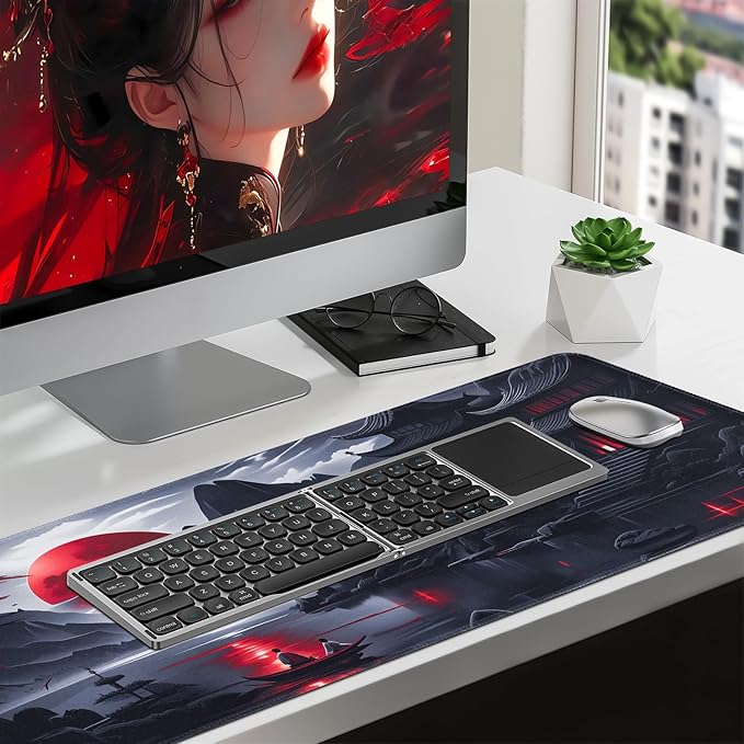 Large Gaming Mouse Pad, Anime Black Mousepad with Stitched Edges, Expanded Cool Desk Mat, Japanese Red Moon XL Keyboard Mat Suitable for Home Office,31.5 X 15.7 Inch
