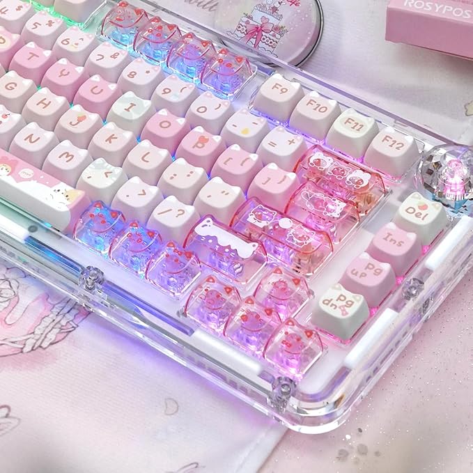 26 Keys Crystal Jelly Personalized Keycaps, PC Material Cute Meow Meow Squad Transparent Custom Cat Keycaps, Mao Profile Keycap for DIY MX Swithes Mechanical Keyboards