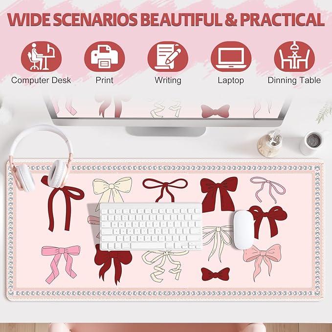 Desk Pad for Keyboard and Mouse, Large Mouse Pad for Desk, Non-Slip Keyboard Mat, Computer Mats for Desk, Desk Pad with Stitched Edges for Office, Gaming Girl Women I Cute Pink Red Bow
