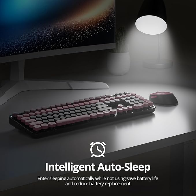 Black Pink Keyboard and Mouse Combo Wireless, 2.4G Full Size 104-Key Retro Typewriter Keyboards Round Keys for Students Teenagers Home Office PC Laptop(Berry Powder)