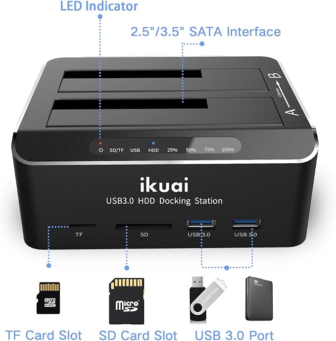SATA to USB 3.0 Dual Bay Hard Drive Dock for 2.5"/3.5" SATA HDD SSD with Micro SD Card Reader 2 USB 3.0 Port, Offline Clone Function External Hard Drive Docking Station, 2X20TB and UASP Support