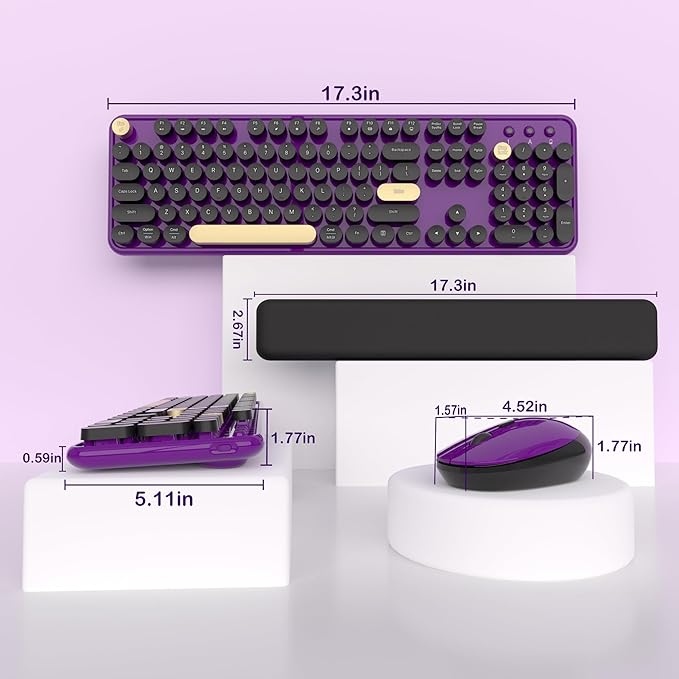 Wireless Keyboard and Mouse Combos, Retro Keyboard and Mouse Wireless Full Size, 2.4Ghz Connection and Optical Mouse for Windows, Mac, PC, Laptop for Home and Office (Purple-Black)