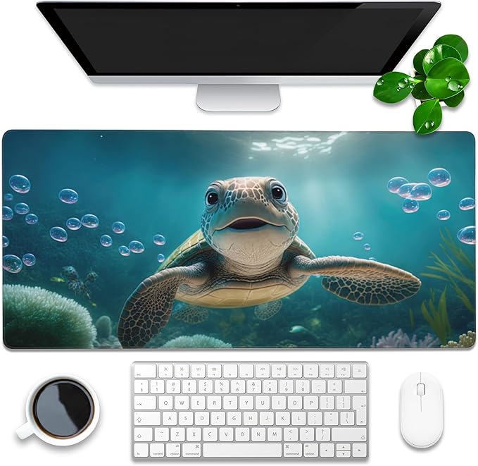 Desk Mat, Cute Turtle Smiling Under The Sea Extended Gaming Mouse Pad Large, 35.4"x15.7" Big Mouse Pad with Non-Slip Base and Stitched Edge, Long Computer Keyboard Mouse Mat for Home Office Work
