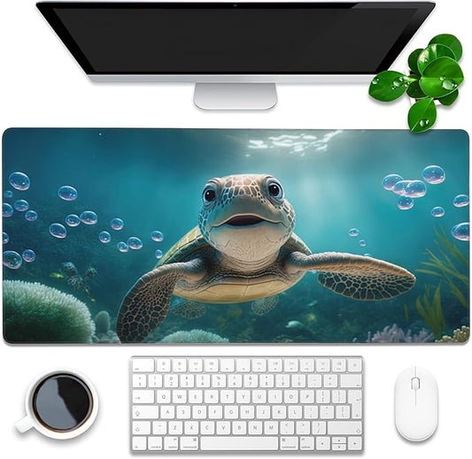 Desk Mat, Cute Turtle Smiling Under The Sea Extended Gaming Mouse Pad Large, 35.4"x15.7" Big Mouse Pad with Non-Slip Base and Stitched Edge, Long Computer Keyboard Mouse Mat for Home Office Work