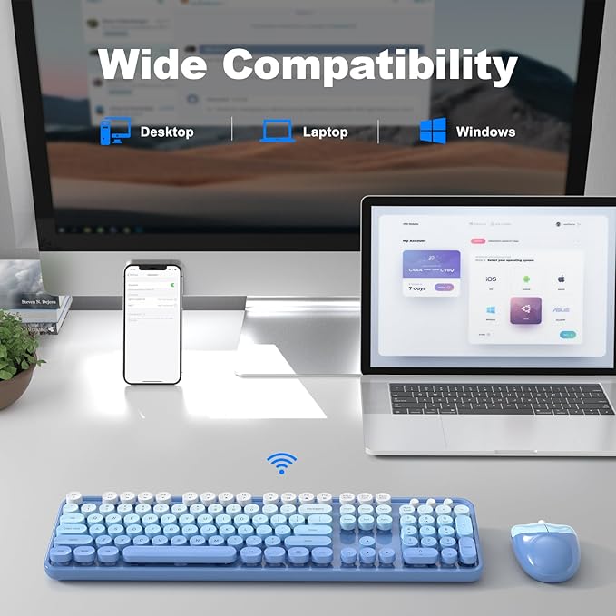 KNOWSQT Wireless Keyboard and Mouse Combo - Blue-Gradient Colorful 2.4G Typewriter Full-Size Cute Keyboards - USB Receiver Plug and Play, for Computer, PC, Laptop, Desktop, Windows