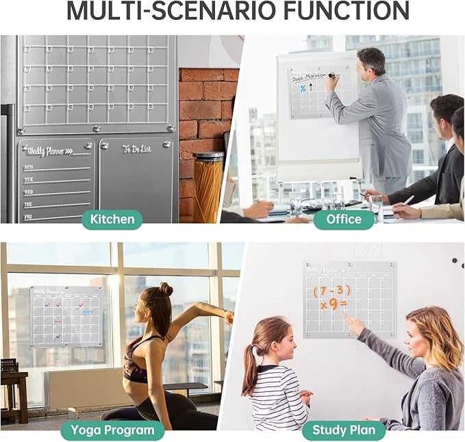 Acrylic Magnetic Dry Erase Board for Fridge, Set of 3 Transparent Monthly & Weekly Planning Boards, Includes 6 Dry Erase Markers, 1 Eraser and Magnetic Pen Holder
