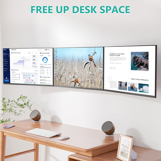 WALI Triple Monitor Wall Mount for 32" Screens，Each Arm Holds up to 19.8 lbs.Swivel Tilt Curved Wall Mount with Mounting Holes 75x75/100x100mm.(013ARMN), Black
