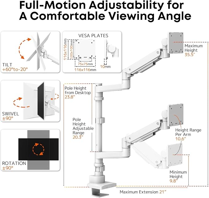 Dual Monitor-Arm Heavy-Duty for 17-57-Inch Screens - Ultrawide Vertical Dual Monitor Mount, Fully Adjustable Stacked Double Monitor Desk Mount Stand, Max Load 44 lbs per Screen, VESA 75/100 mm, White