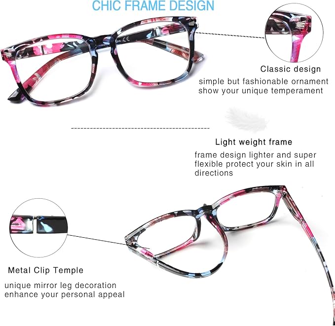 Henotin 4-Pack Blue Light Blocking Reading Glasses Women Men,Spring Hinge Computer Readers,Anti UV Ray Square Nerd Eyeglasses (Mixed Color-C, 2.00)