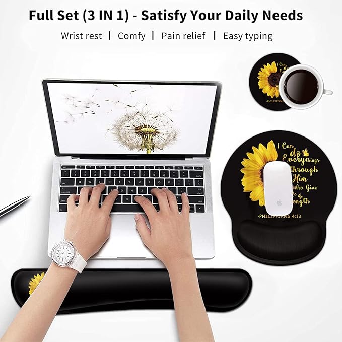 Keyboard Wrist Rest and Mouse Pad with Wrist Support, Ergonomic Gel Mouse Pad Coaster, Easy Typing Pain Relief, Memory Foam Keyboard Mousepad Set,Bible Verse Philippians 4:13 Sunflower