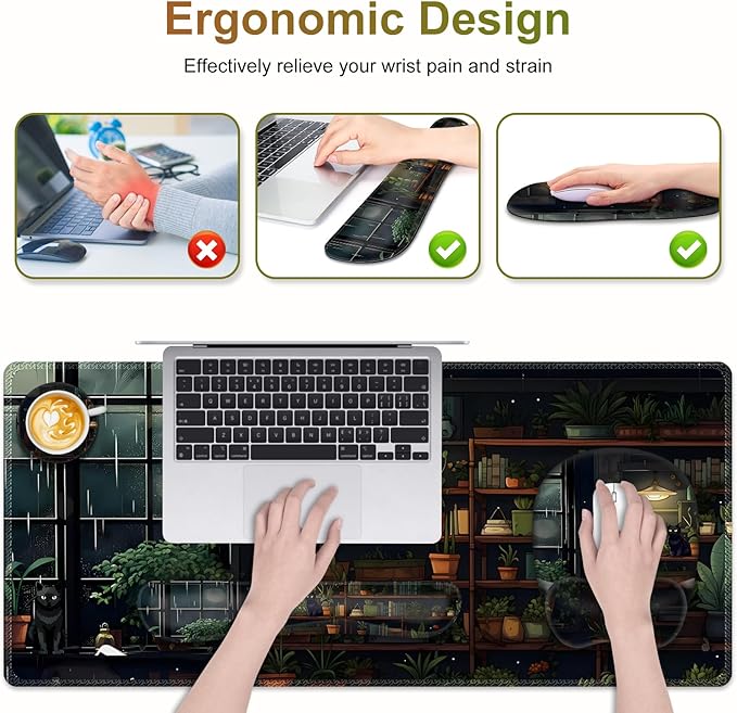 Aesthetic Green Plant Books Mouse Pad with Wrist Support 4 in1 Set, XXL Big Game Mousepad + Keyboard Wrist Rest + Mouse Wrist Rest Pad +Coaster Gaming Mat for Work Study I Japanese Anime Lofi Cat