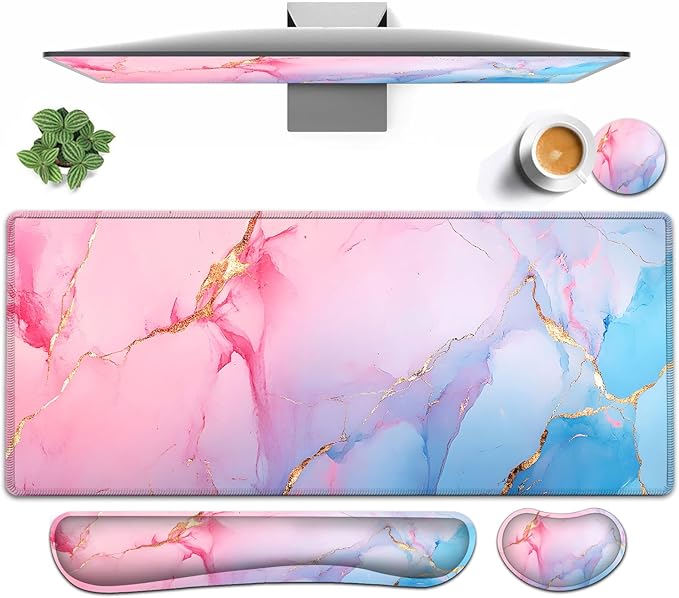 Large Mouse pad and Keyboard Support Set, Ergonomic Memory Foam Keyboard Wrist Rest, Extended Gaming Mouse Pad with Stitched Edges, Blue Pink Marble XXL Desk Mat (31.5 X 11.8 in)