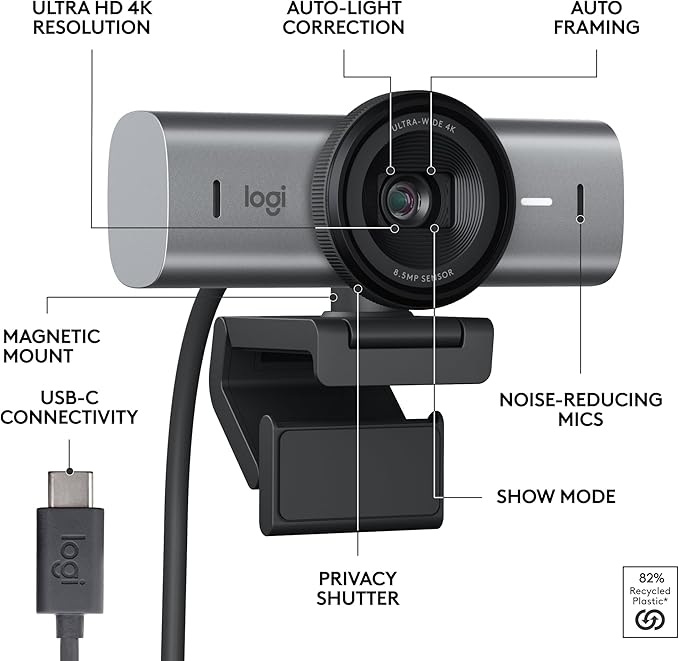 Logitech MX Brio Ultra HD 4K Webcam for Collaboration and Streaming, 1080p 60 FPS, Show Mode, Works with Microsoft Teams, Zoom, Google Meet, Nintendo Switch 2, Graphite