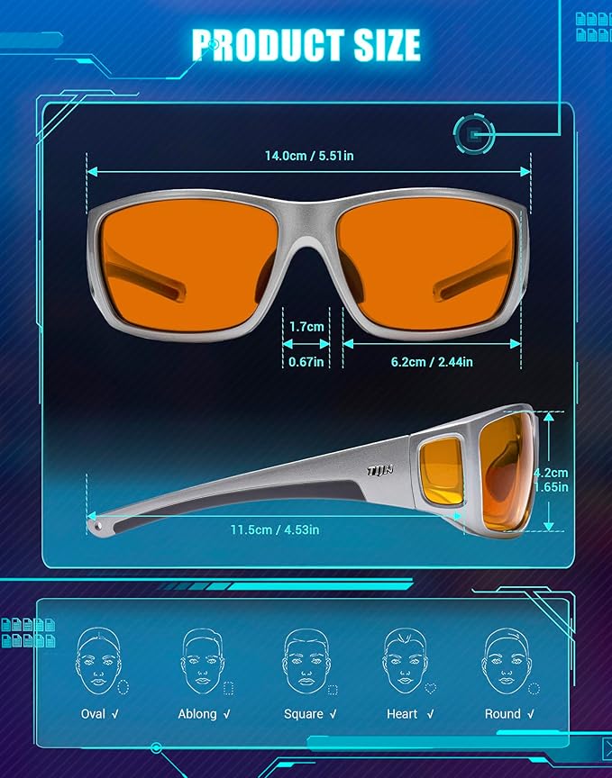 TIJN Sonia Red Sleep Glasses Orange Lens for Blue & Green Light Blocking,Dual AR Coating,Wraparound Frame for Gaming Screen