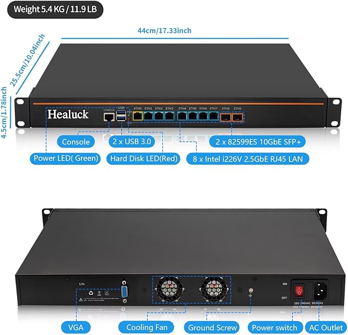 1U Firewall Appliance, Core i5 4300M Z87, 2X 10GBe LAN, 8 x i226V 2.5GbE LAN, OPNsense, VPN, 19 Inch 1U Network Rackmount, VGA, Console, USB3.0, DDR3L 16G RAM 256G SSD