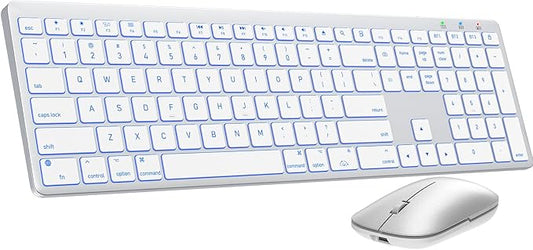 SABLUTE Bluetooth Keyboard and Mouse for Mac — 7-Color Backlit, Multi-Device, Rechargeable, Full-Size Wireless Keyboard Mouse Combo with Quiet Scissor-Switch Keys & Tilt Legs for Mac (Silver White)