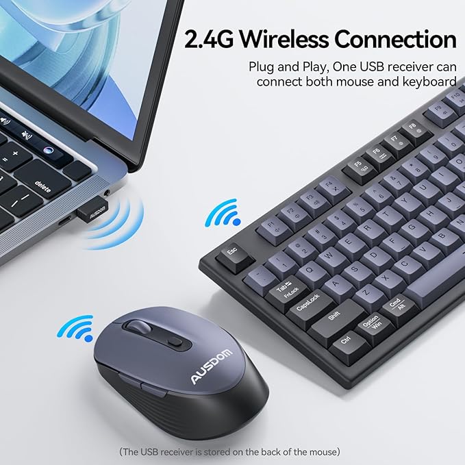 AUSDOM Wireless Keyboard and Mouse Combo - 108 Keys Mechanical Feel, 2.4G Full-Sized Rechargeable Silent Keyboard & 3 DPI Adjustable Mouse, Numeric Keypad, USB Receiver for PC/Laptop/Windows/Mac