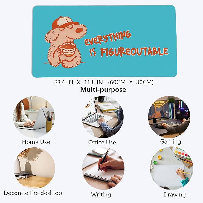 Blue Cute Dog Mouse Pad,Fun Positive Affirmations Mouse Pads,Kawaii Motivational Desk Mat for Home Office Dorm Desktop Decor,Dog Lover Gift,Everything is Figureoutable,23.6x11.8 Inch