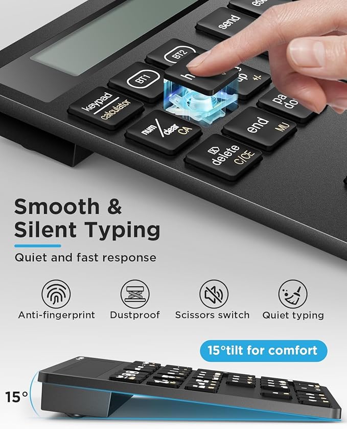 HoRiMe Number Pad for Laptop - Rechargeable Wireless Number Keypad 34 Keys with Dual Bluetooth, 2 in 1 Numeric Keypad Calculator with Display - Portable Slim Numpad for Windows, Mac, iMac, PC, Tablet