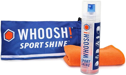 WHOOSH! Sport Shine 3.4 fl oz Eye Guard Cleaner Kit for Glasses, Goggles, Visors & Face Shields – Odorless, Non-Toxic & Streak-Free Clarity Lens Cleaner – 9x9” Microfiber Cloth & Storage Bag Included