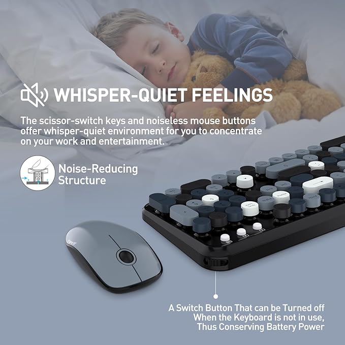 Cute Retro Wireless Keyboard and Mouse Combo with Round Key, 2.4Ghz Dropout-Free Connection, Typewriter Wireless Keyboard and Mouse Set for PC, Laptop, Desktop Computer - Grey Colorful