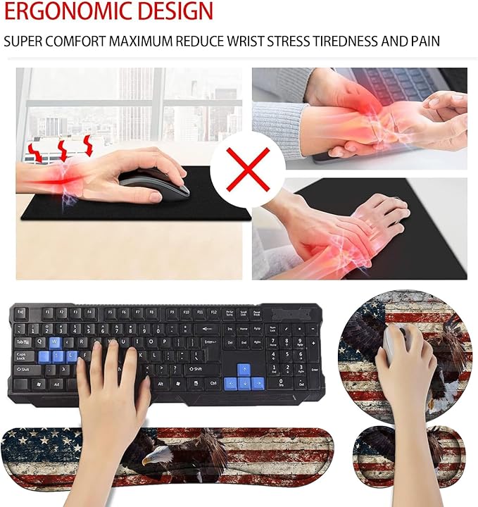 Keyboard Wrist Rest and Mouse Pad Wrist Rest Set with Coasters [4Pcs], Ergonomic Support, Non-Slip Rubber Base for Home OfficeEasy Typing & Pain Relief, Military Wall Graffiti USA Flag Eagle
