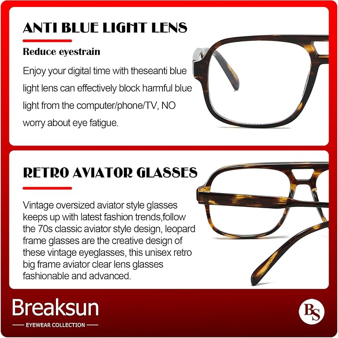 Oversized Square Aviator Glasses for Women Men Big Frame Retro Blue Light Blocking Glasses Vintage Style