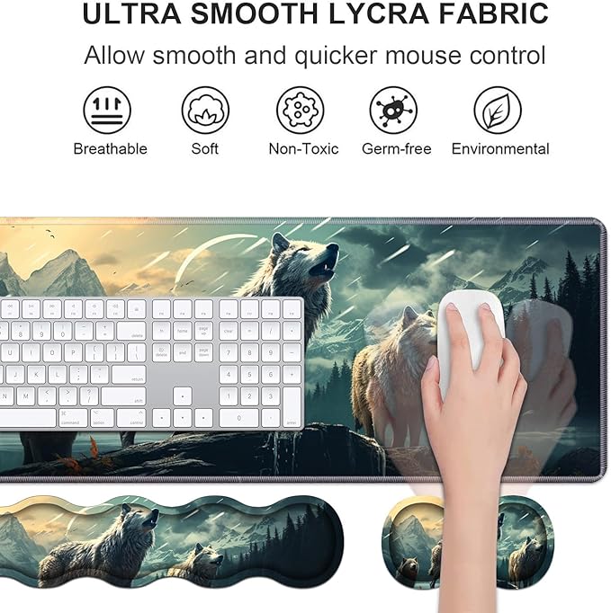 Ergonomic Keyboard Wrist Rest & Mouse Pad Wrist Rest Set, Large XXL Gaming Desk Mat 31.5"x 11.8" with Non-Slip Base, Memory Foam, Easy Typing Pain Relief for Home & Office, White Wolf