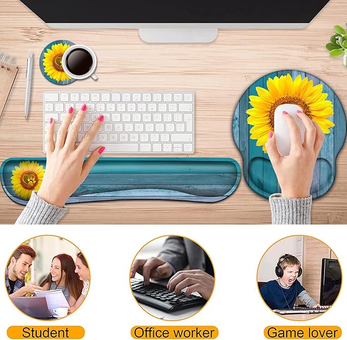 Keyboard Wrist Rest and Mouse Pad with Wrist Support, Ergonomic Mouse Pad Coaster, Comfortable Lightweight for Easy Typing Pain Relief, Memory Foam Keyboard Mousepad Set,Blue Sunflower Dog Paw