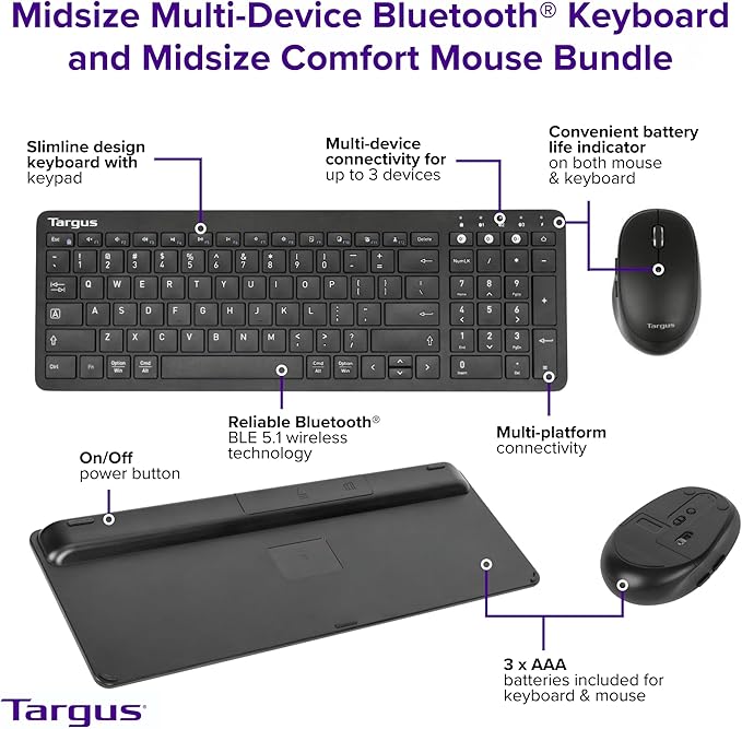 Targus Midsize Multi-Device Bluetooth Keyboard and Mouse Bundle - Compatible with Chrome OS, Windows, macOS, iOS, and Android (AKM619AMUS)