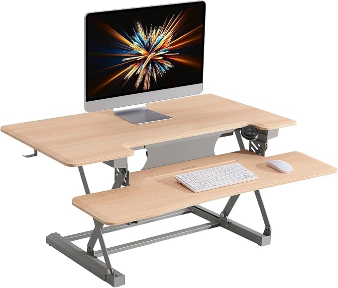 29" Electric Standing Desk Converter, Dyropcurv Series Height Adjustable Computer Desk Ergonomic Home Office Desk for Adults, Sit to Stand Desk with Quiet Motor, Light Wood