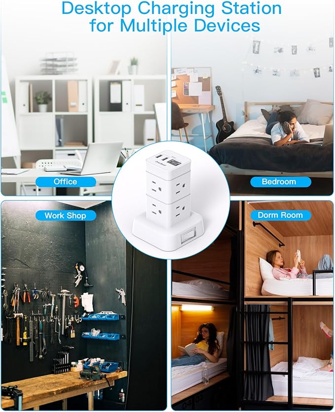 One Beat Tower Surge Protector Power Strip 10 ft,Long Flat Extension Cord with Multiple Outlets,8 AC Outlets with 4 USB Ports,Desktop Charging Station for Multiple Devices,for Home Office College Dorm