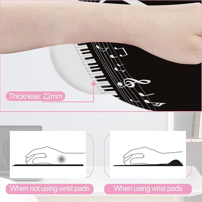 Black and White Piano Notes Mouse Pad with Wrist Rest Set, 3-in-1 Wrist Support Mousepad Set, Gaming Mat Pad with Anti-Skid Base,Ergonomic Memory Foam Mouse Pad Set for Women, Office, Typing, Gaming