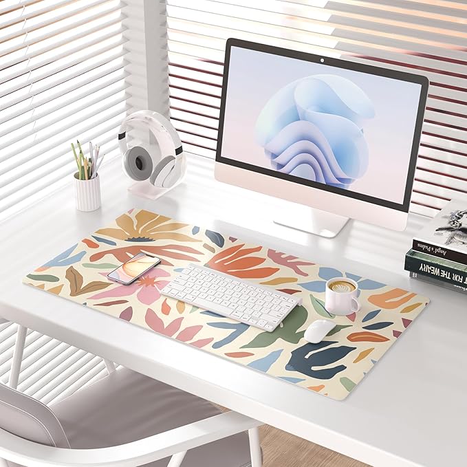 Colorful Star Abstract Floral Large Mouse Pad, Waterproof Office Desk Mat, Non-Slip Gaming Mouse Pad, XXL PC Laptop Protector Pads, PU Leather Desk Writing Pads for Office Home, 31.5" x 15.7"