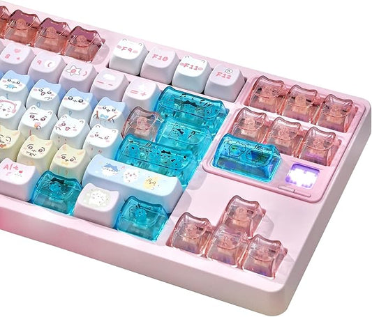 26 Keys Crystal Jelly Personalized Keycaps, PC Material Cute Blue Pink Kawaii Transparent Custom Keycaps, Mao Profile Keycap for DIY MX Swithes Mechanical Keyboards