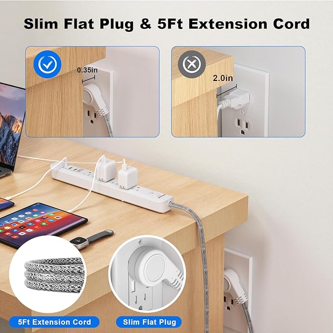 2 Pack Power Strip Surge Protector - 6 Outlets 3 USB Charging Ports (1 USB C), 5Ft Extension Cord, Flat Plug, Overload Protection, Wall Mount for Office Home, Dorm Room White