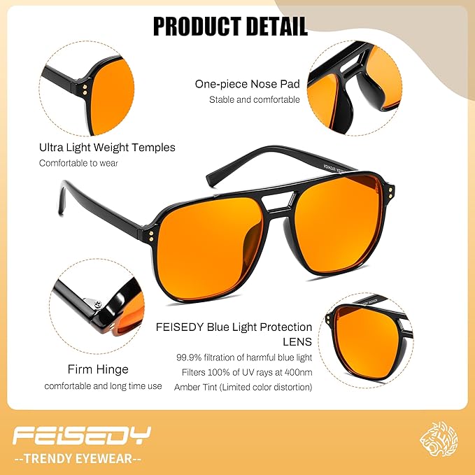 FEISEDY Amber Blue Light Glasses for Computer Gaming Orange/Yellow lens Anti Eyestrain Sleep Glasses G2835