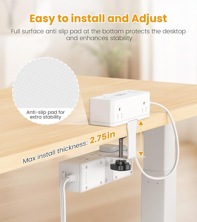 Dual Layer Desk Clamp Power Strip, Desktop Edge Mount Surge Protector with 15 AC Outlets & 4 USB Ports(20W USB-C), Ultra Thin Flat Plug & 5FT Power Cord for Office Home(ETL Listed)