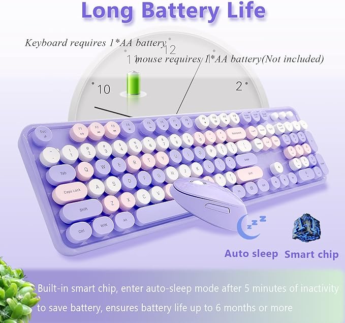 Wireless Keyboard and Mouse Combo, Ergonomic Cute Retro Typewriter Full Size Colorful USB Cordless Keyboard Mouse Set for Gaming and Office (Purple)