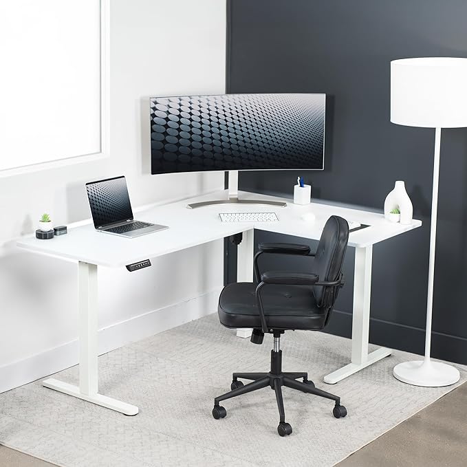 VIVO Corner Standing Desk, 63 x 47 inch Reversible L-Shaped Workstation, Electric Height Adjustment, Home, Office, and Reception Rooms, White Table Top White Frame, DESK-E3CTW-47